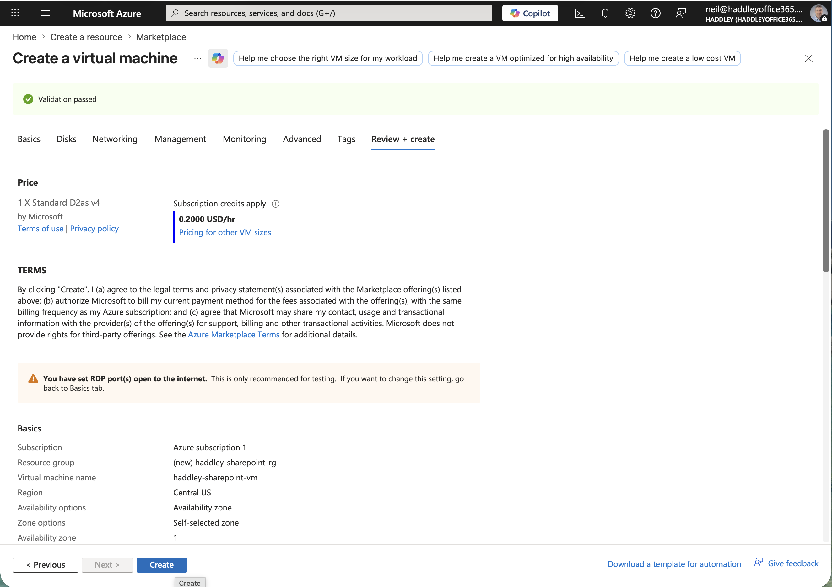 Validation passed — the VM would cost $0.2000 USD/hr, and I clicked Create