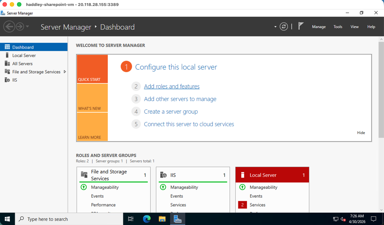 Server Manager Dashboard was open, ready for configuration