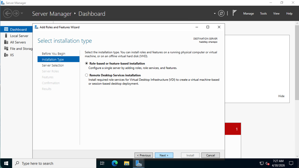 I selected Role-based or feature-based installation