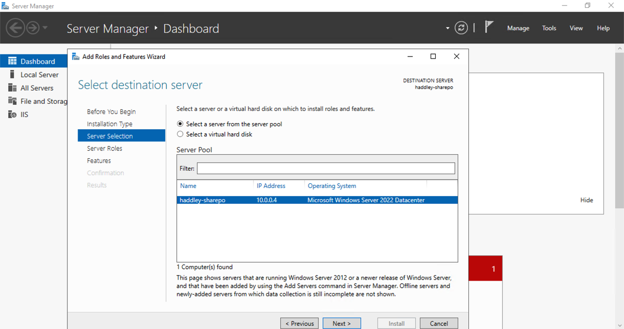 The wizard detected the haddley-sharepo server in the pool and I selected it