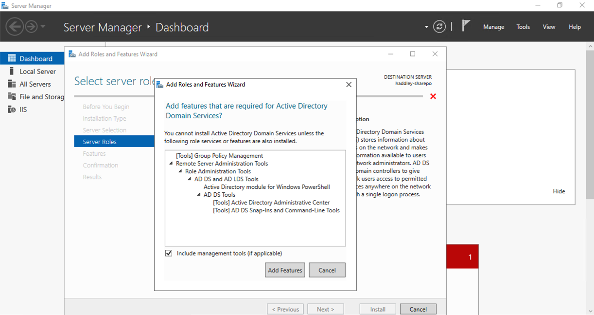 A prompt appeared asking me to add the features required for Active Directory Domain Services — I clicked Add Features