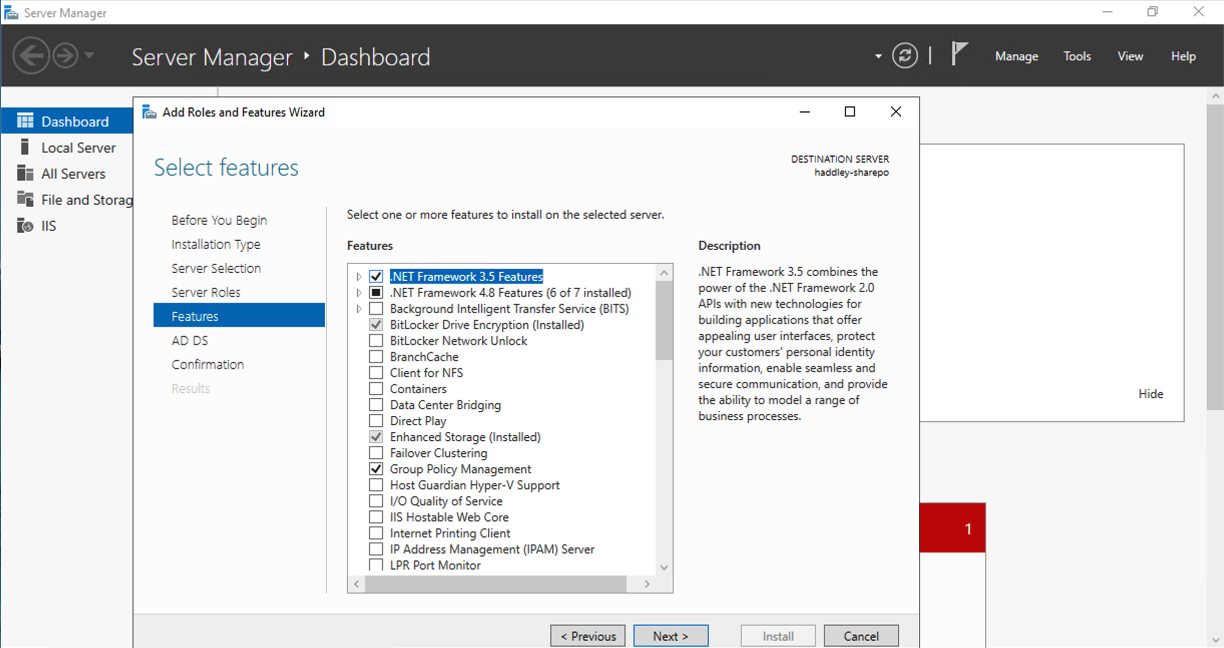 I reviewed the additional features to be installed alongside AD DS