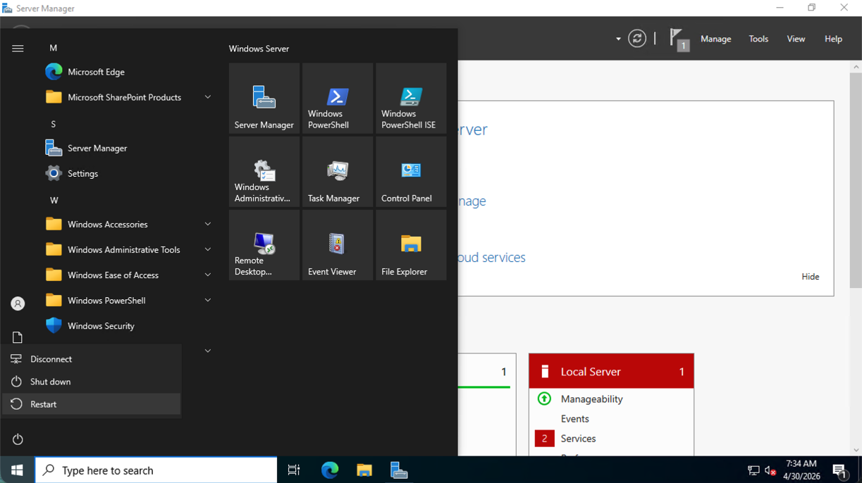 I opened the Start menu and saw the Microsoft SharePoint Products folder alongside the Windows Server tools