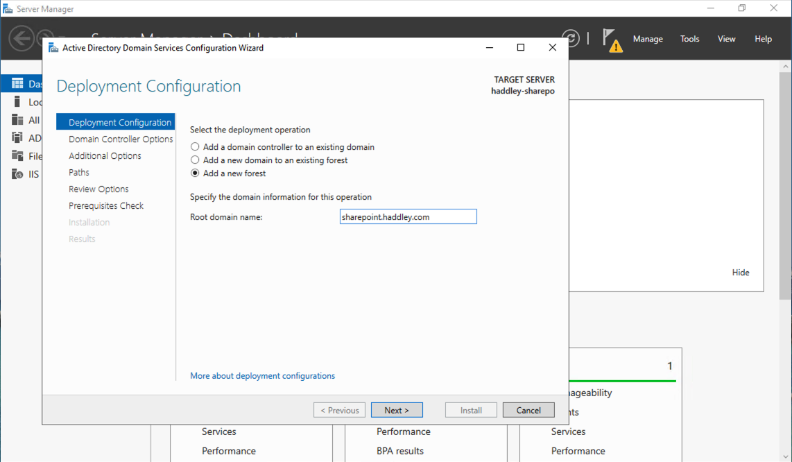 I opened the AD DS Configuration Wizard and added a new forest with the root domain name "sharepoint.haddley.com"
