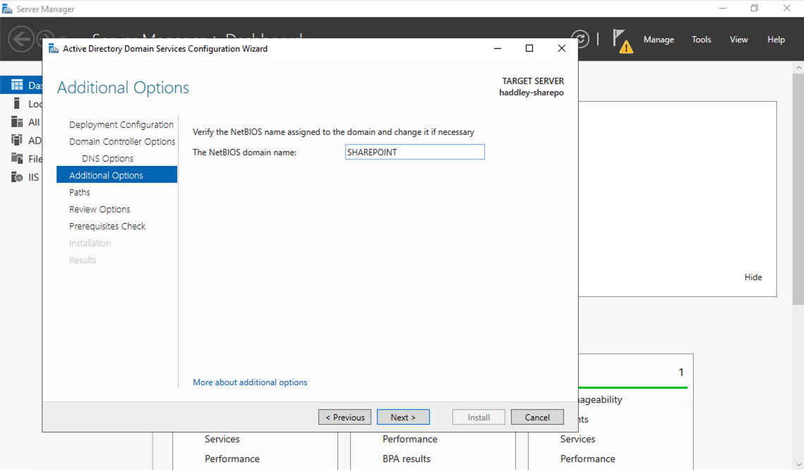 The NetBIOS domain name was automatically set to "SHAREPOINT"