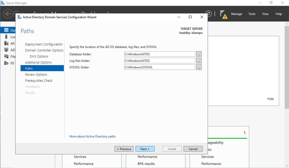 I left the default paths for the AD DS database, log files, and SYSVOL folder