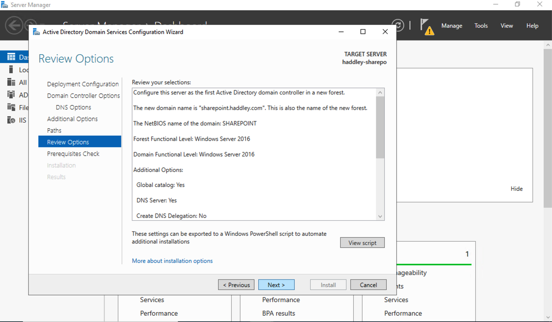 I reviewed all the AD DS configuration options before proceeding