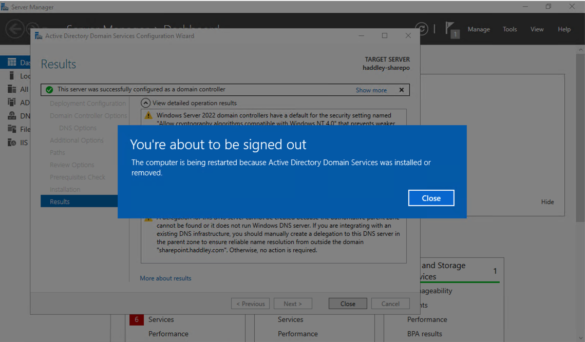 The server was successfully configured as a domain controller and I was signed out for a reboot