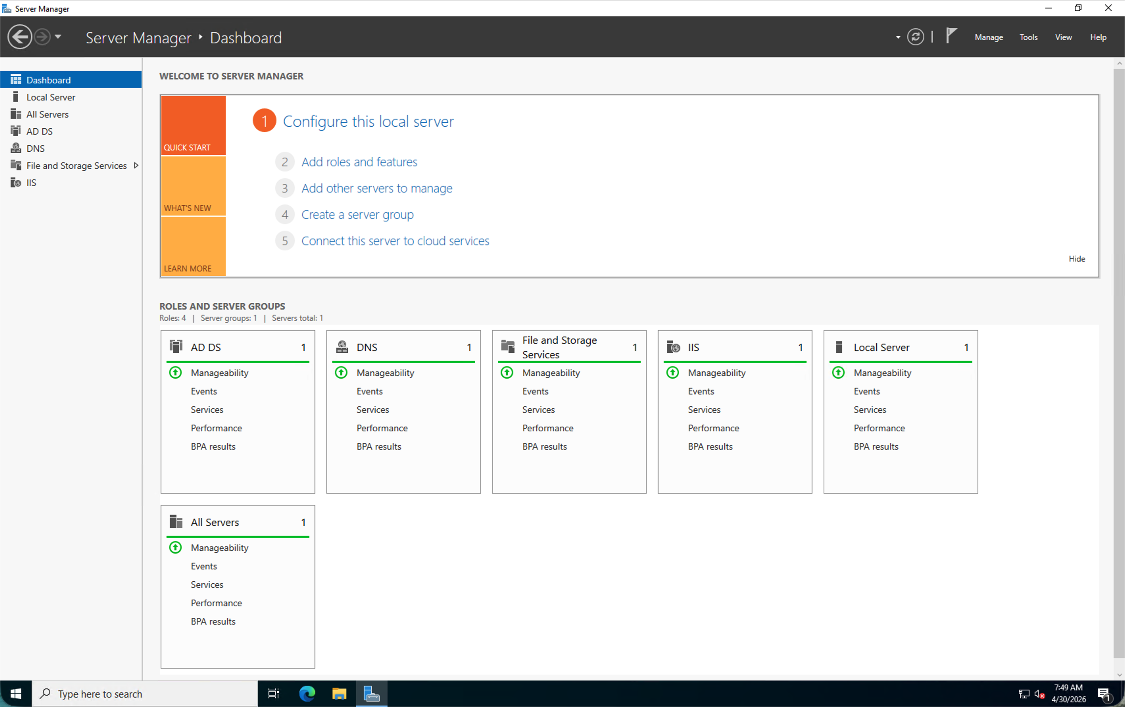 After the reboot, Server Manager showed the AD DS and DNS roles had been added successfully