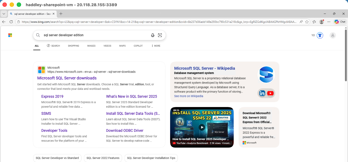 I searched for "sql server developer edition" in the browser inside the VM