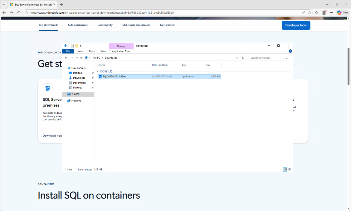 The SQL Server 2025 Standard Developer Edition installer downloaded to the Downloads folder