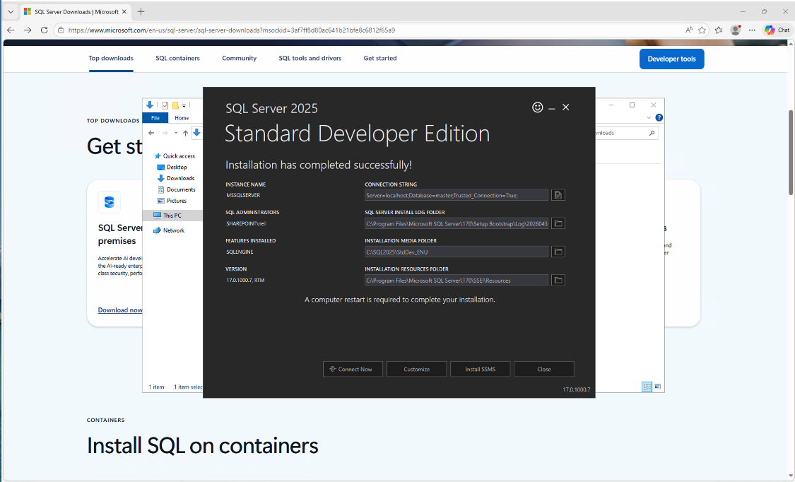 SQL Server 2025 installation completed successfully