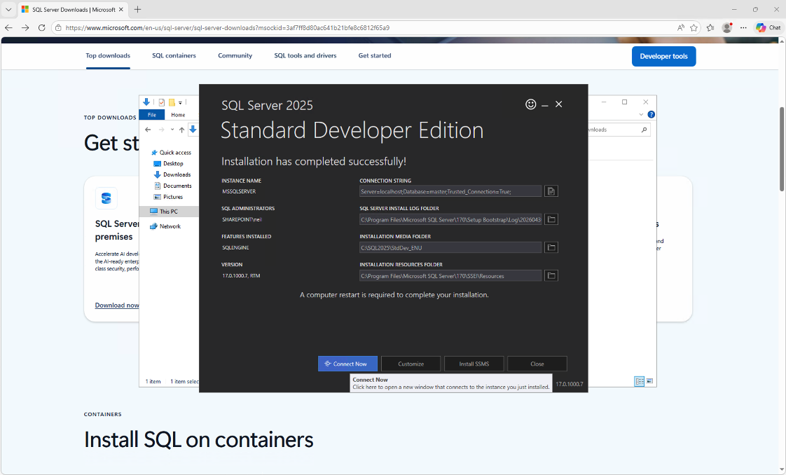I clicked Connect Now to verify the installation via SQLCMD