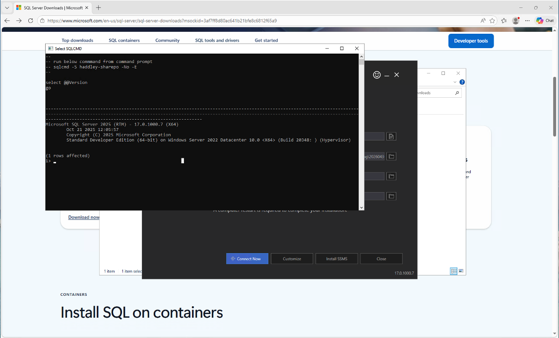 SQLCMD confirmed SQL Server 2025 RTM (17.0.1000.7) was running on the server