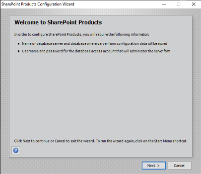 The SharePoint Products Configuration Wizard welcomed me and explained what it would need
