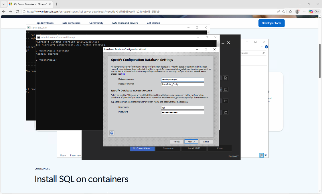 I specified the configuration database server as "haddley-sharepo" and set the database access account credentials