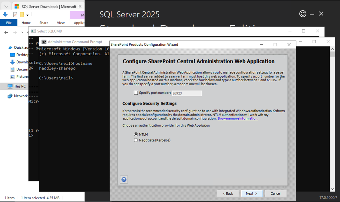 I configured the SharePoint Central Administration web application to use port 26923 with NTLM authentication