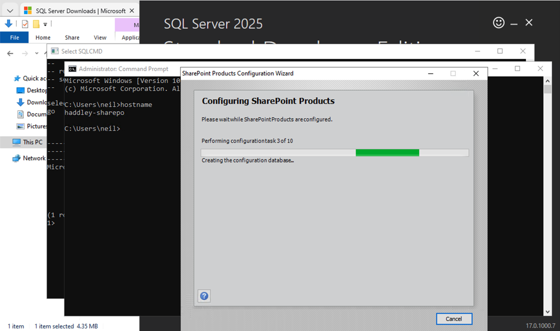 The wizard was configuring SharePoint Products, on task 3 of 10 — creating the configuration database