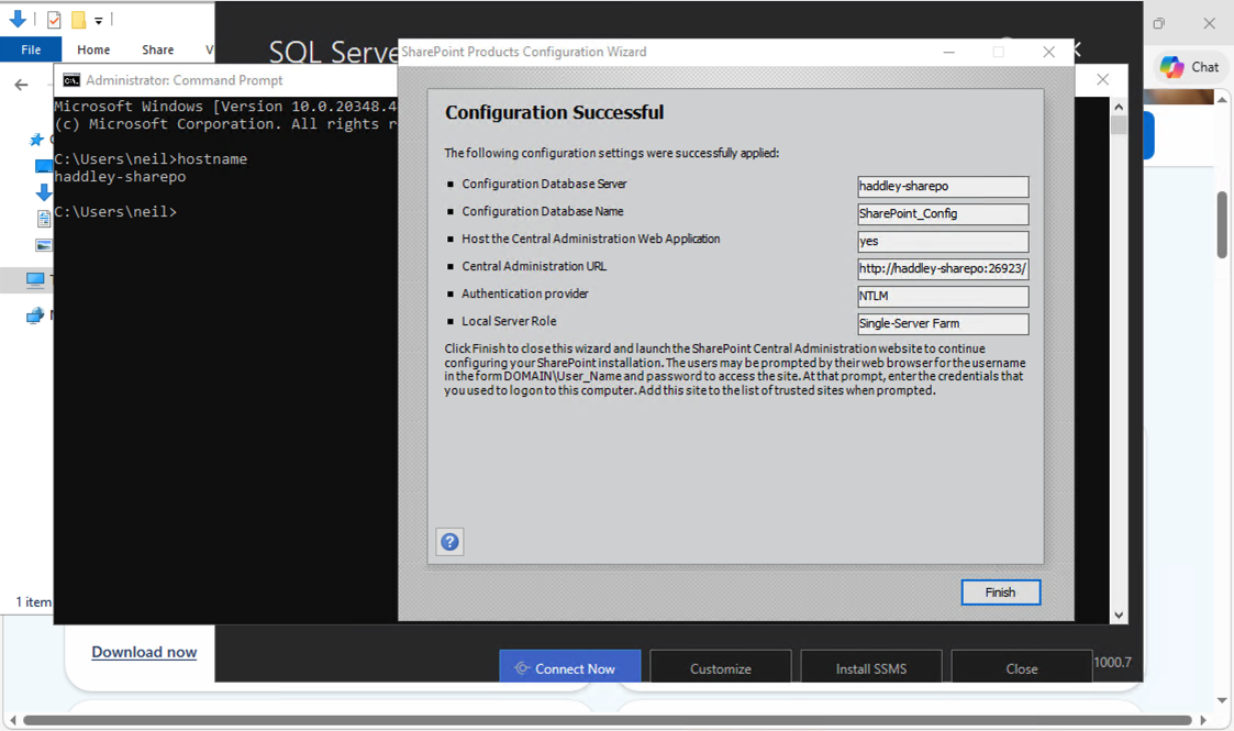 The SharePoint Products configuration completed successfully and I clicked Finish