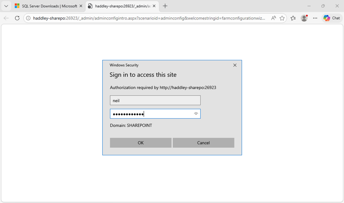 The browser prompted me to sign in to the SharePoint Central Administration site on the SHAREPOINT domain