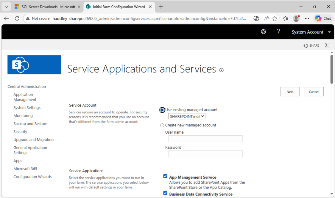 The Service Applications and Services page showed available services to configure for the farm