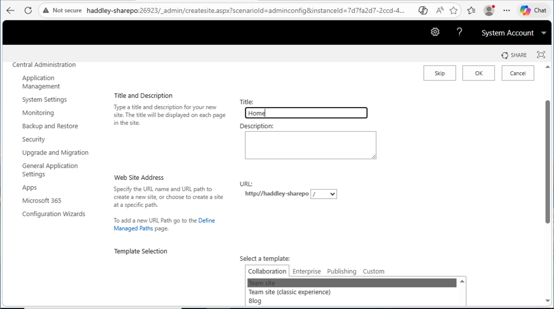 I configured the first site collection, entering the title "Home" and selecting the Team site template