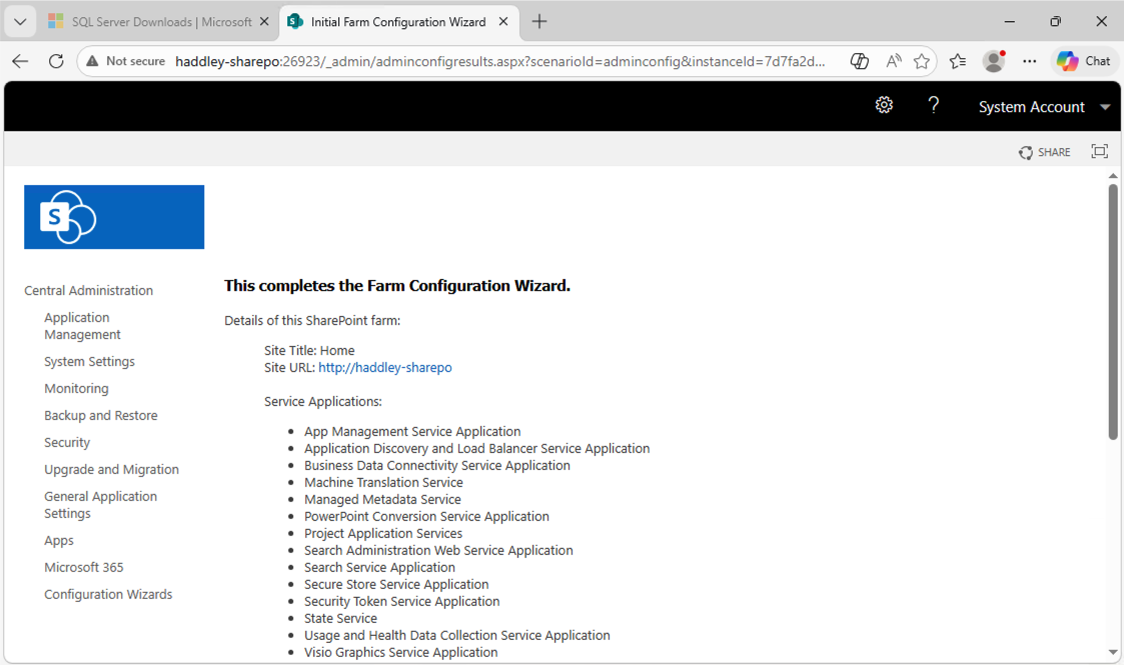 The Farm Configuration Wizard completed, listing all provisioned service applications and confirming the site URL