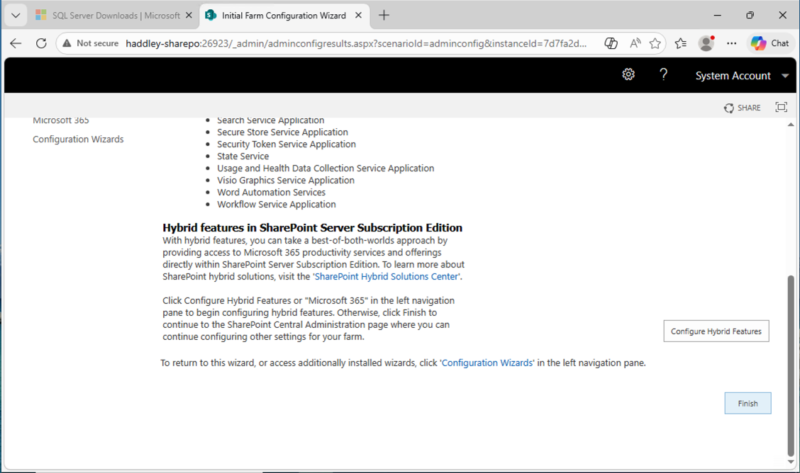 The wizard showed the Hybrid features section for SharePoint Server Subscription Edition — I clicked Finish