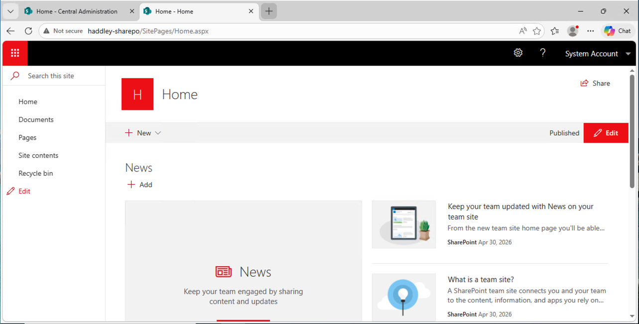 The on-premises SharePoint "Home" team site loaded successfully at haddley-sharepo