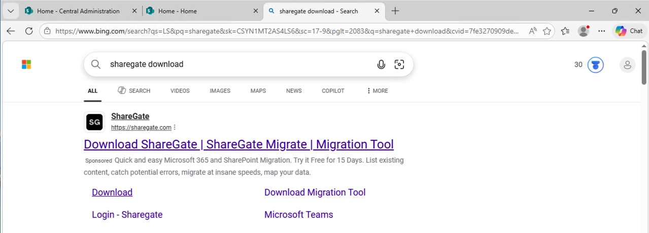 I searched for "sharegate download" in Bing inside the VM