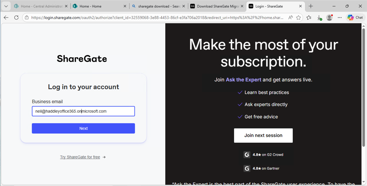 I logged into ShareGate with my Microsoft 365 account neil@haddleyoffice365.onmicrosoft.com