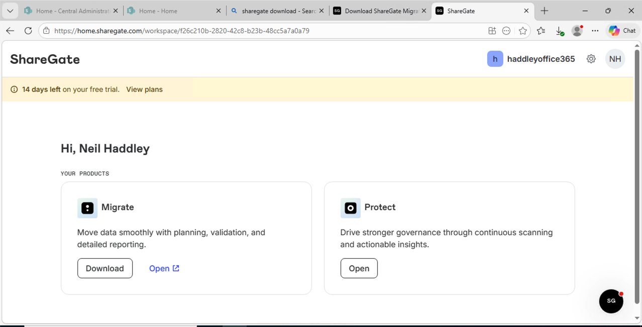 I was in the ShareGate workspace showing the Migrate and Protect products, with a 14-day free trial active