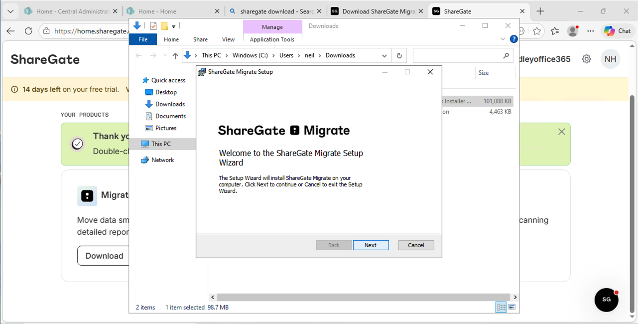 The ShareGate Migrate Setup Wizard welcomed me and I clicked Next to begin