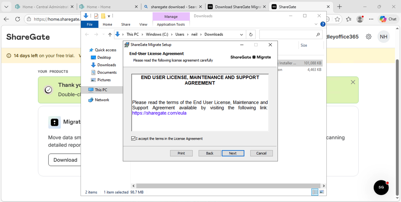 I accepted the ShareGate Migrate end user licence agreement