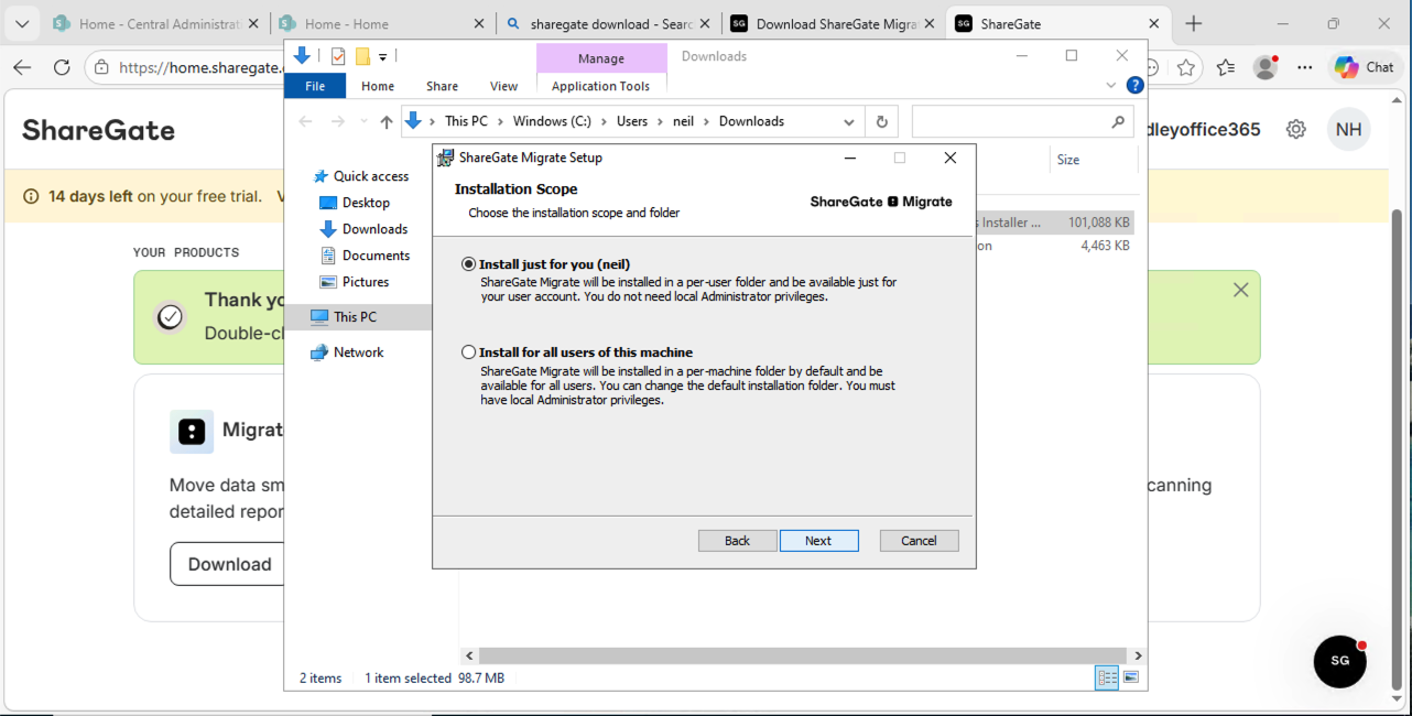 I selected to install ShareGate Migrate just for my user account