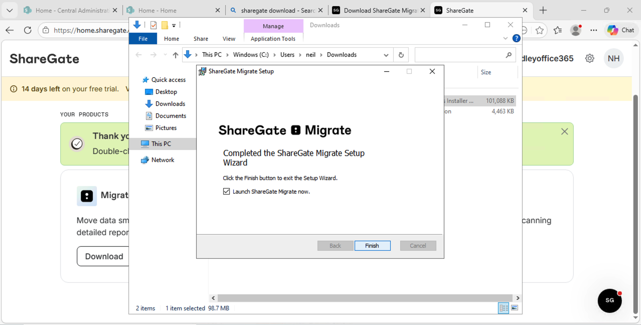 ShareGate Migrate setup completed successfully and I clicked Finish to launch it