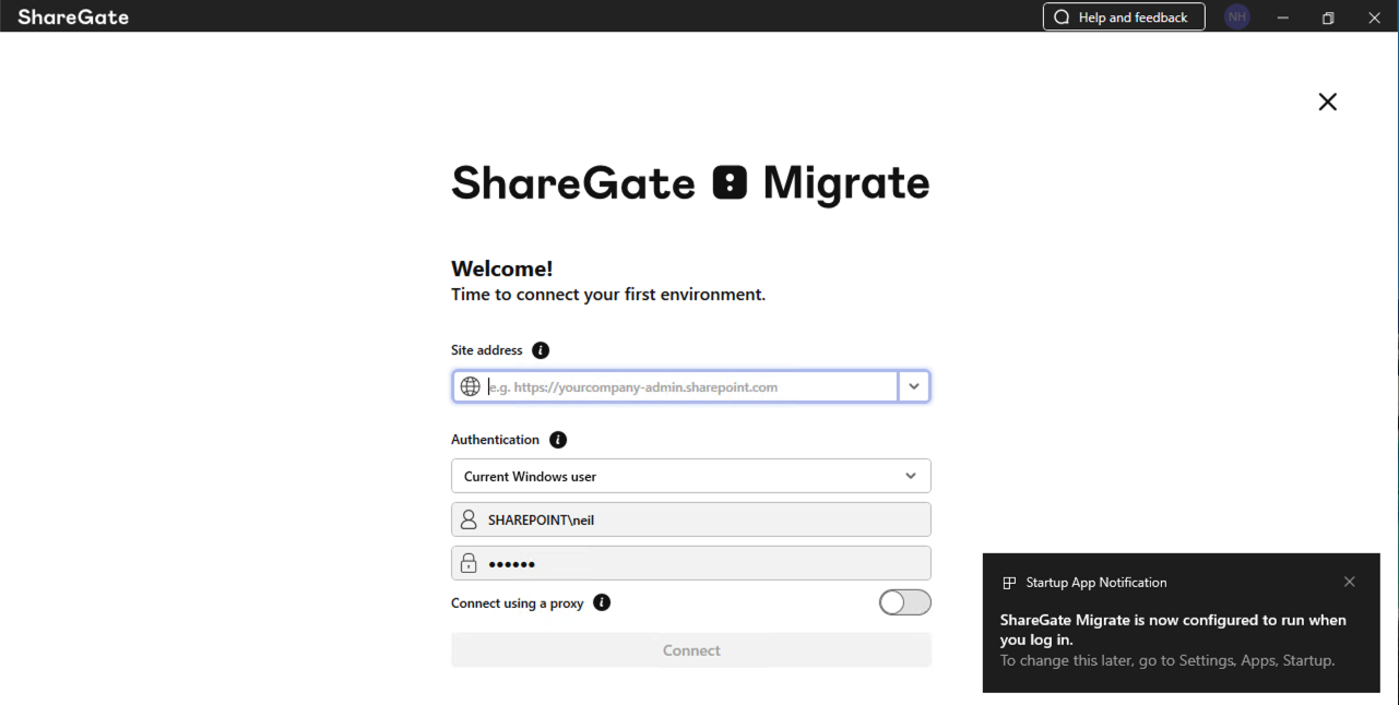 ShareGate Migrate opened and prompted me to connect my first environment — it detected my SHAREPOINT\neil credentials
