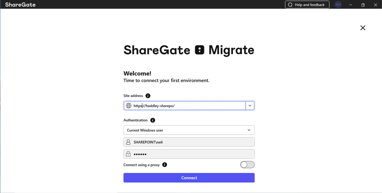 I entered the on-premises site address https://haddley-sharepo/ and clicked Connect