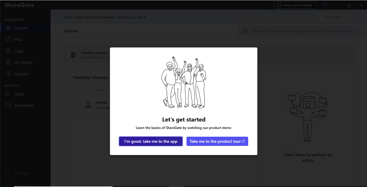 ShareGate loaded the on-premises site and showed a "Let's get started" welcome popup — I clicked "I'm good, take me to the app"