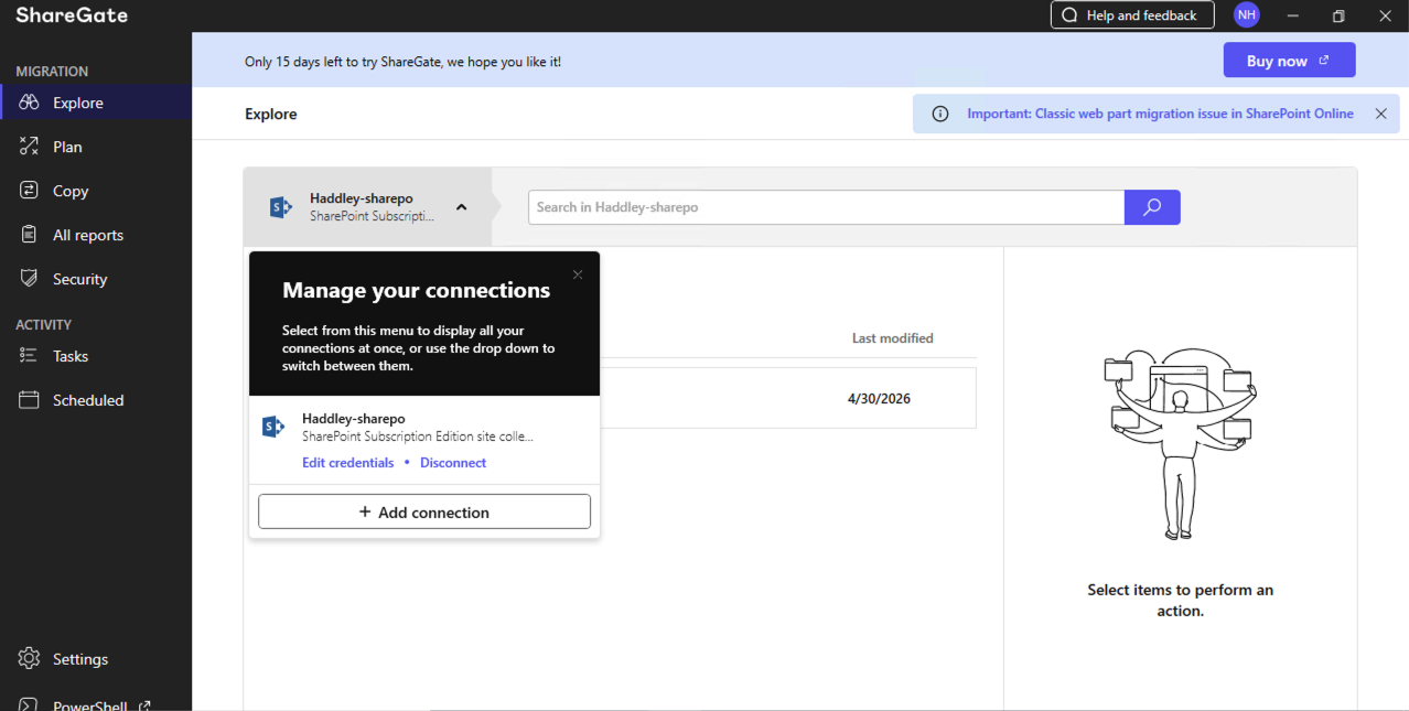 A Microsoft sign-in page appeared so I could add my Microsoft 365 account as the migration destination