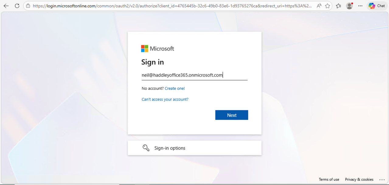 I entered my password for neil@haddleyoffice365.onmicrosoft.com