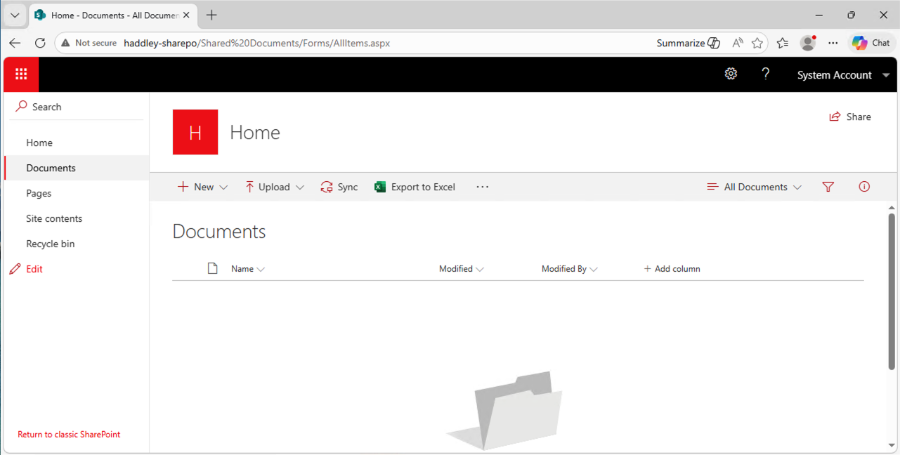 I navigated to the on-premises SharePoint Documents library — it was empty