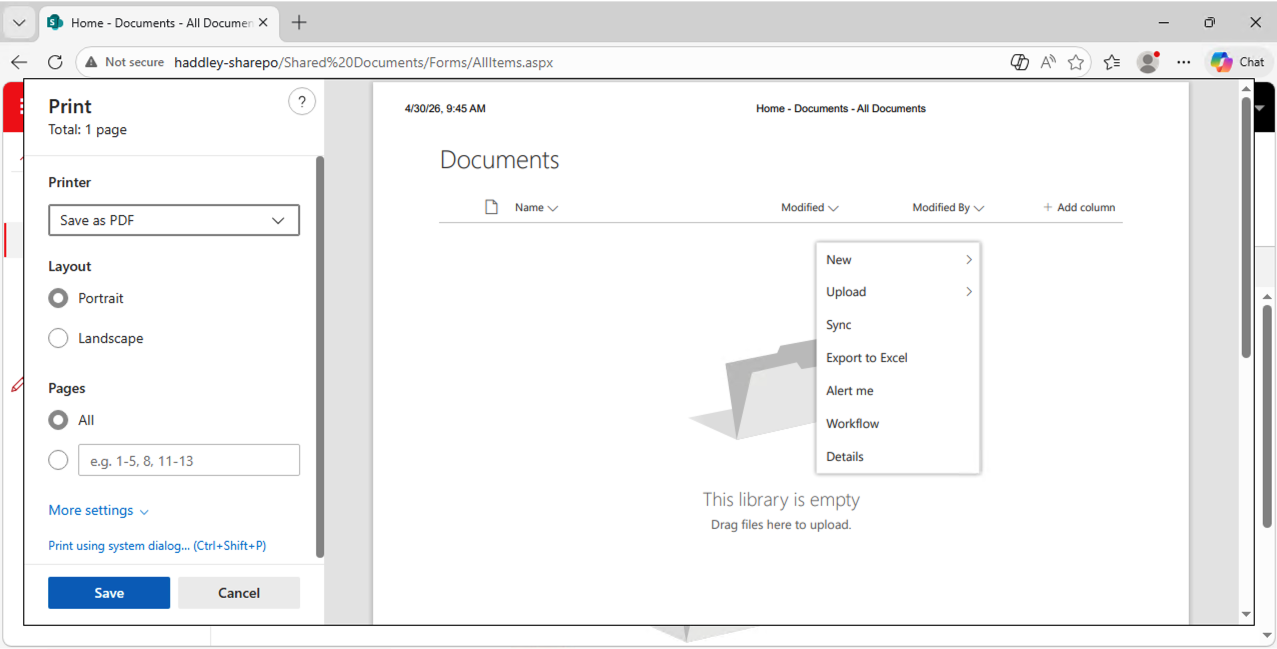 I used the browser print function to save the Documents list as a PDF to create a test file to migrate