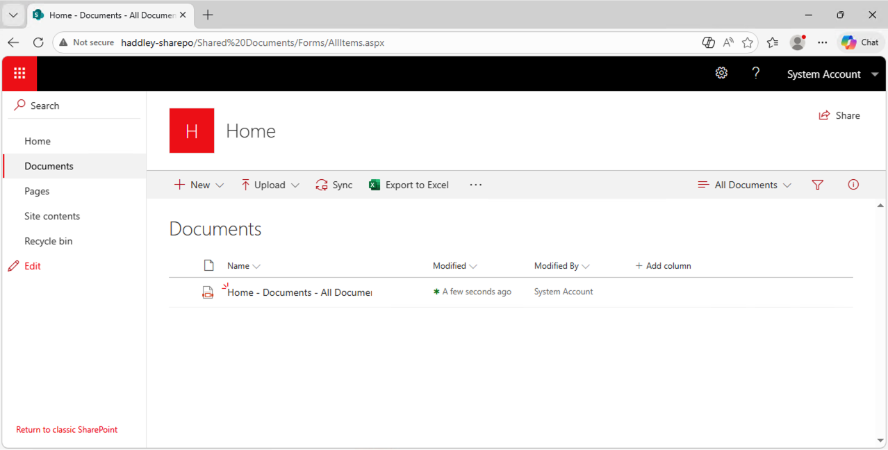 The PDF appeared in the on-premises Documents library
