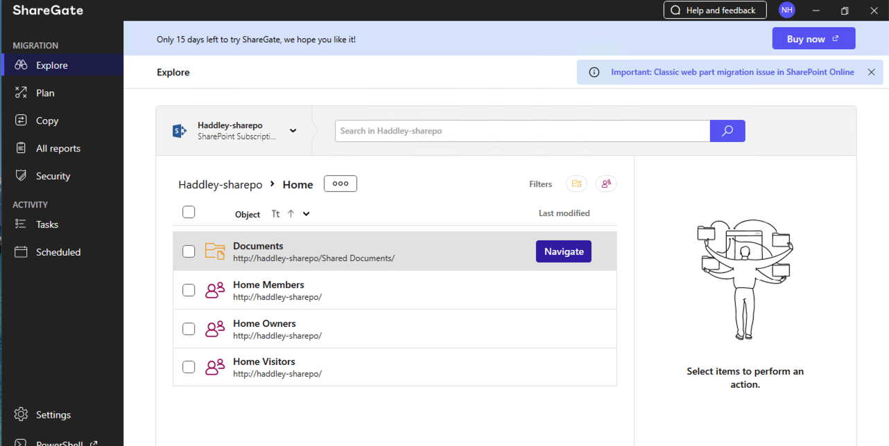 ShareGate Migrate Explore view showed the document visible in the Haddley-sharepo Documents folder