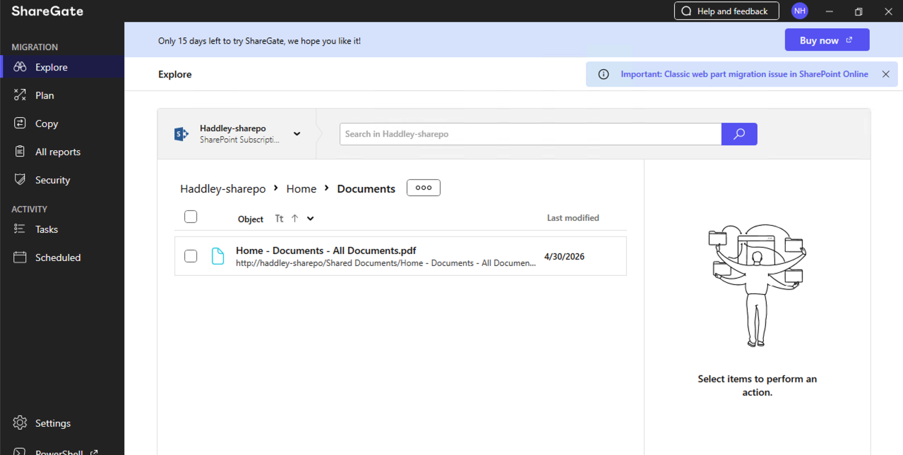I selected the document in ShareGate and the action panel appeared on the right with migration and management options