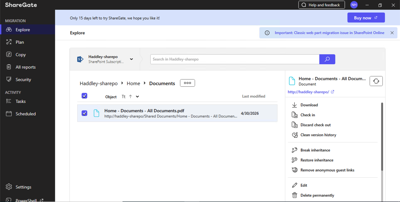 The action panel showed options including Download, Check in, Break inheritance, Edit, and Delete permanently