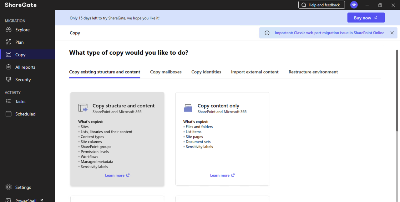 I opened the Copy section in ShareGate Migrate and selected "Copy existing structure and content" to begin the migration
