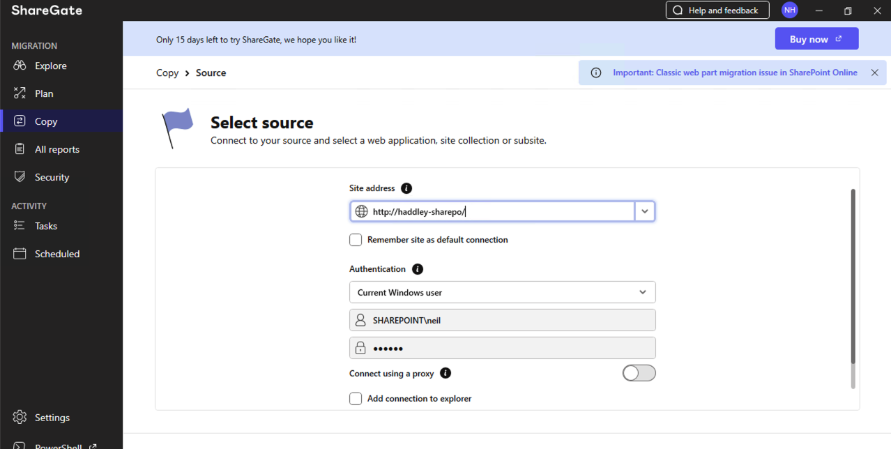 I entered http://haddley-sharepo/ as the source site address with my SHAREPOINT\\neil credentials