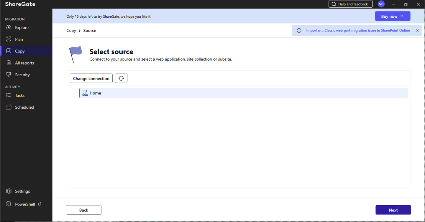 ShareGate connected to the on-premises site and listed the Home site collection as the source